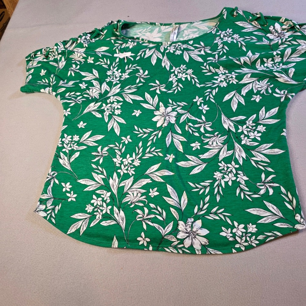 PerSeption Concept Green Floral Lace Up Shoulder Short Sleeve Top Small